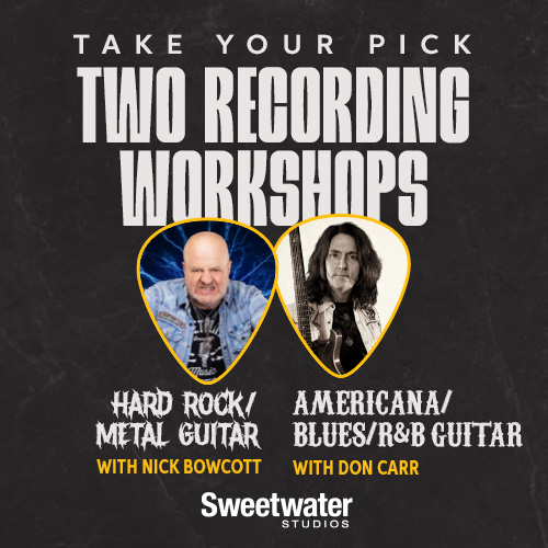 Take your pick two recording workshops hard rock/metal guitar with nick bowcott or Americana/blues/R&B Guitar with Don Carr poster