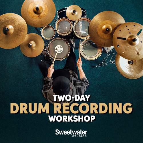 Event flyer for two-day drum recording workshop at Sweetwater studios